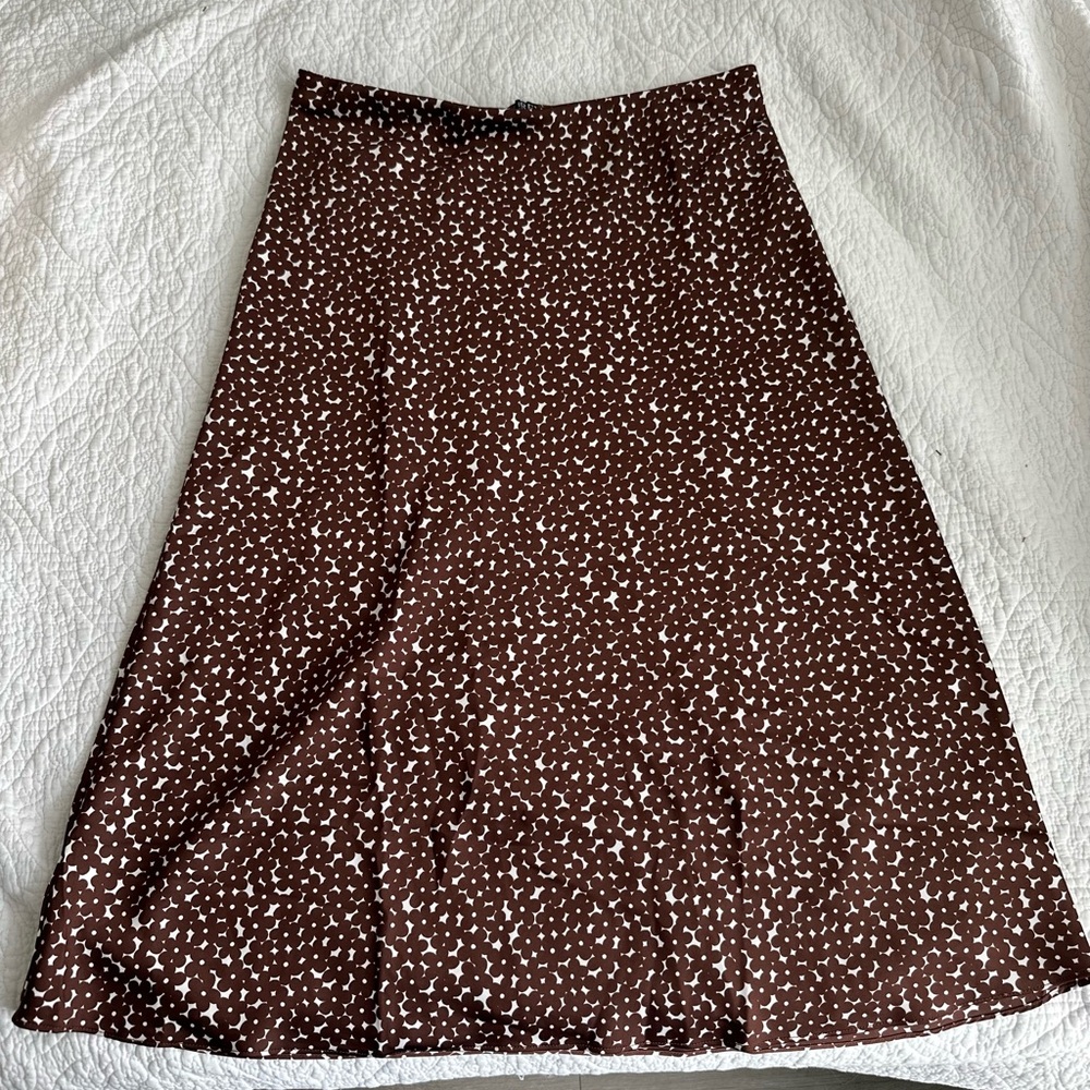 J. Crew Brown and White A-Line Midi Satin Skirt